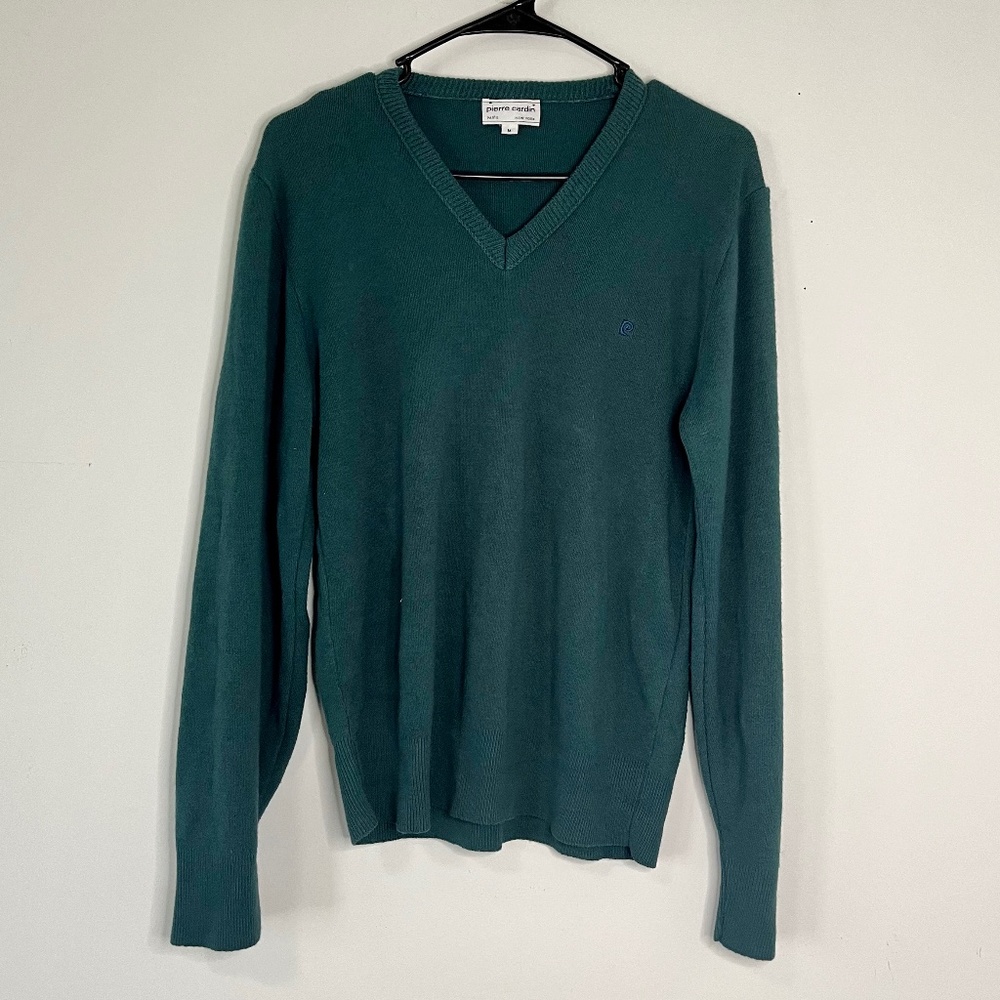 Vintage Pierre Cardin Green V Neck Knit Sweater Size M